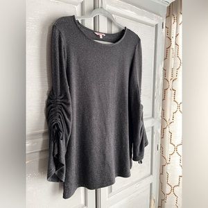 Juicy Couture lg grey shimmer top w/ gathered 3/4 sleeves & bow, holiday party!